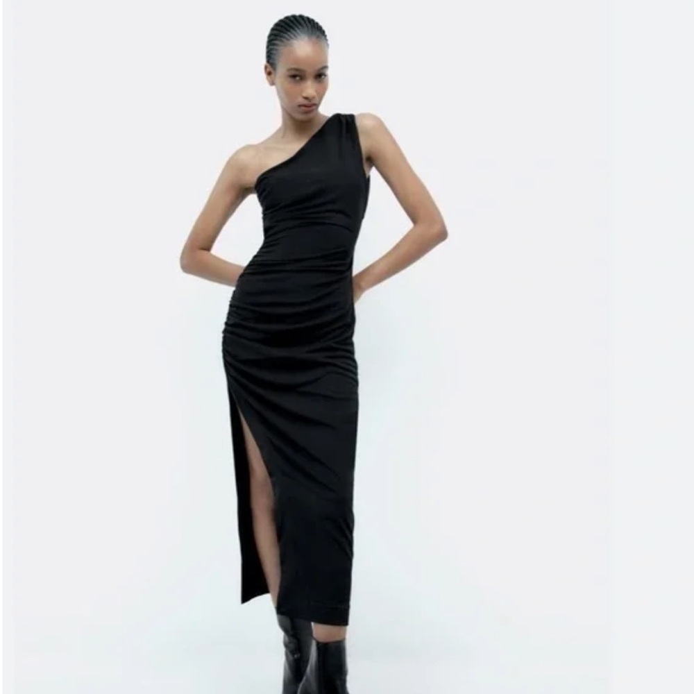 ZARA DRAPED ASYMMETRIC MIDI DRESS BLACK XS 3152/227 WEDDING GUEST ONE SHOULDER